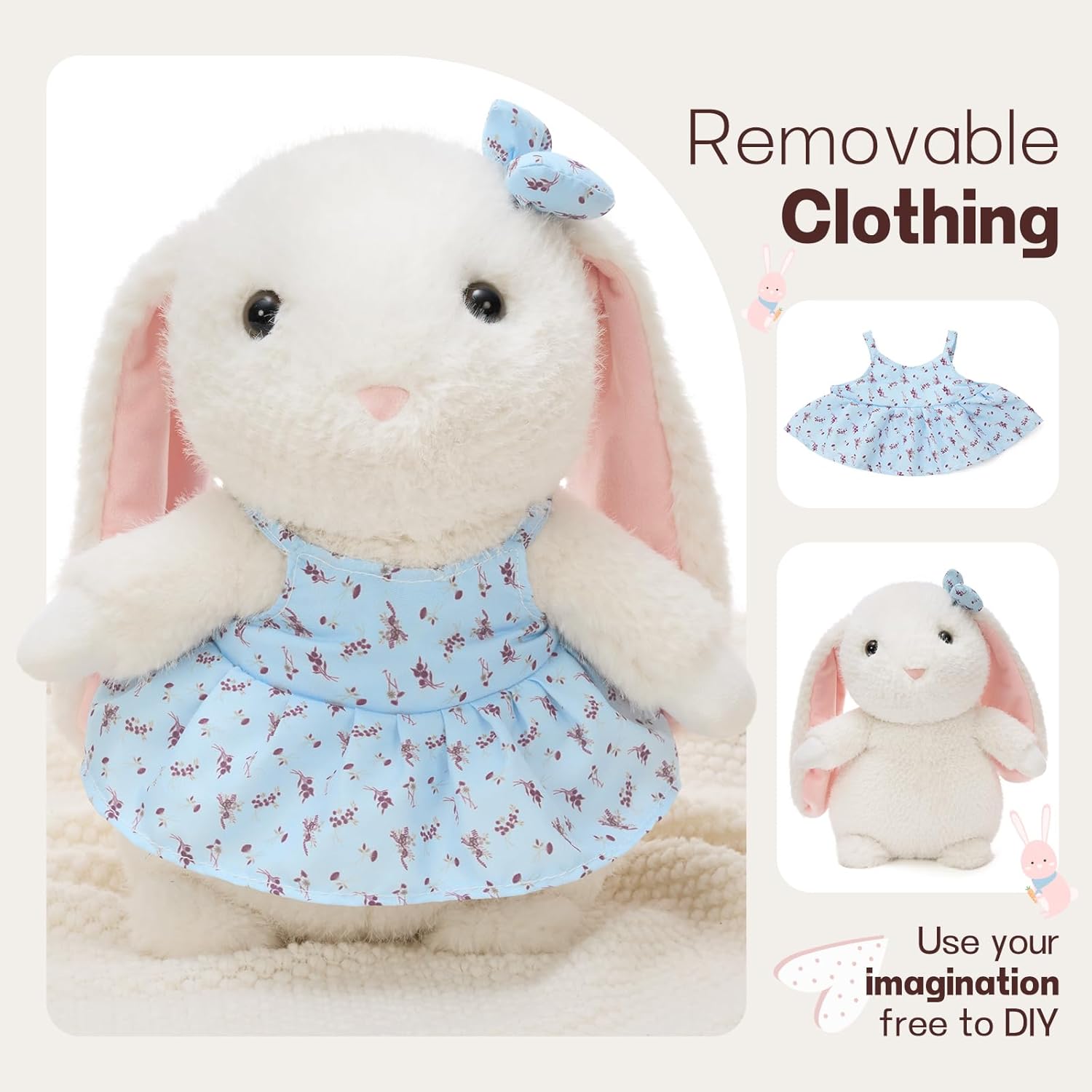 MorisMos Cute Bunny Plush, 14 Inch Soft Stuffed Rabbit with Floral Dress & Bow, Soft Cuddly Bunny Gift for Toddler, Kids, Baby Shower