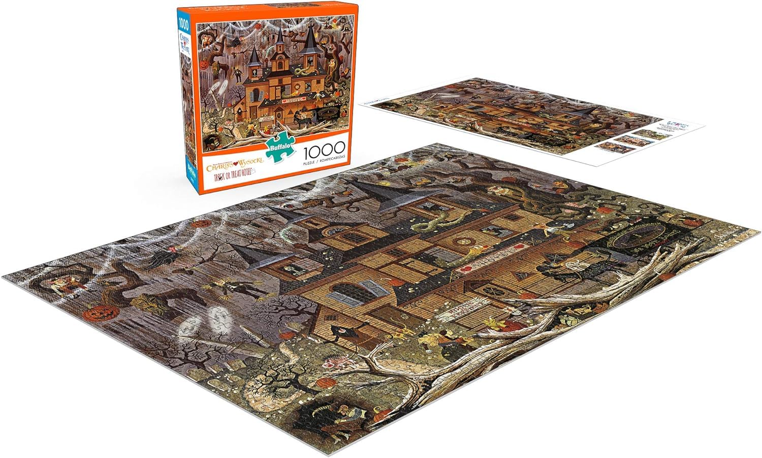 Buffalo Games - Charles Wysocki - Trick or Treat Hotel - 1000 Piece Halloween Puzzle - Colorful and High-Quality Fall Puzzles for Adults – Spooky Autumn Artwork, and Hours of Relaxing Seasonal Fun