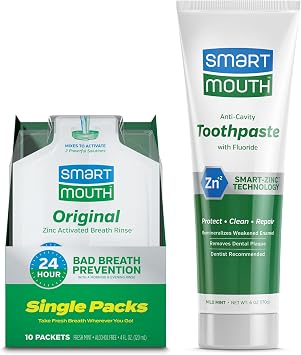 SmartMouth Original Activated Mouthwash Single Packs & Premium Anti-Cavity Zinc Toothpaste Oral Care Set - Instant Fresh Breath - Alcohol-Free - 10 Packets, 6 oz