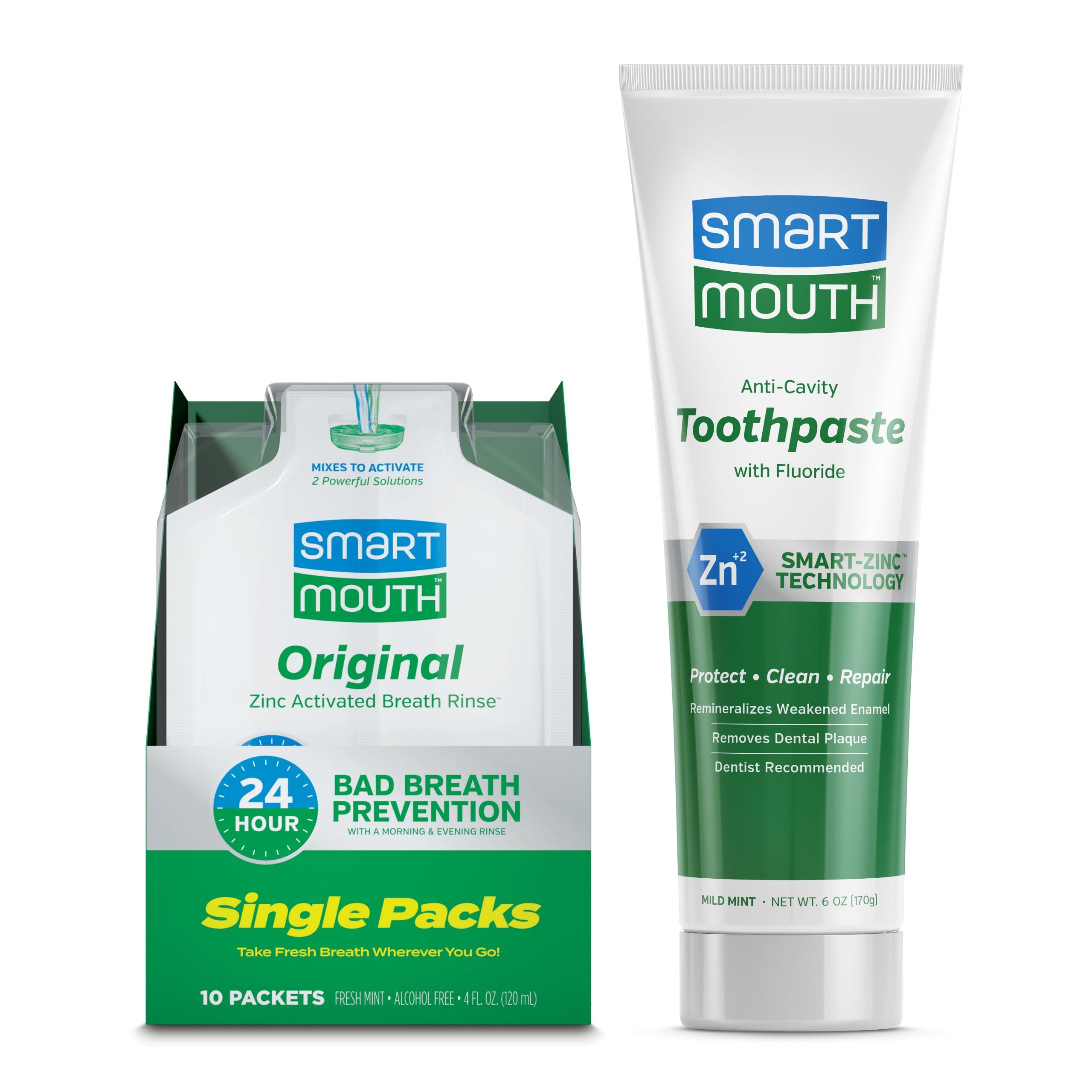 SmartMouth Original Activated Mouthwash Single Packs & Premium Zinc Ion Toothpaste