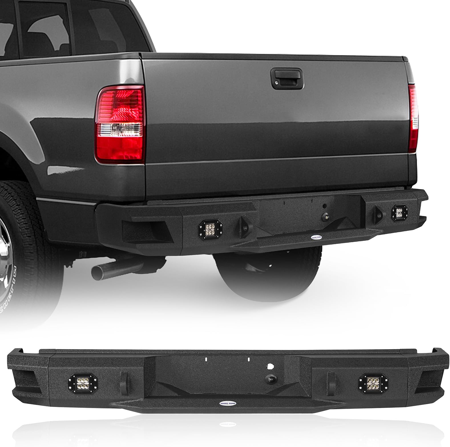 Hooke Road 06-08 F150 Rear Bumper, Back Step Bumper w/LED Lights & D-Ring Mounts for Ford F-150 2006 2007 2008 Pickup Trucks, Textured Black Steel