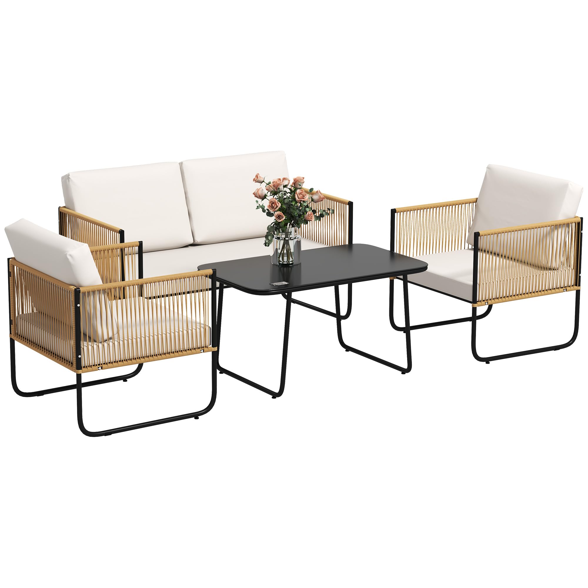 Outsunny Set di Mobili da Giardino in Rattan 4 Pezzi Color Legno e Crema | Salotto da Esterno, Divano a 2 Posti, 2 Poltrone, Tavolino Basso Rettangolare, Cuscini Lavabili, in Acciaio