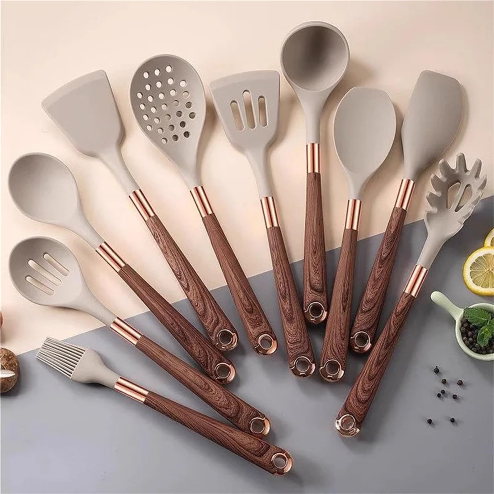 Silikon Küchenhelfer Set Silikon-Küchengeschirr mit Holzmaserung, 11-teiliges Set, antihaftbeschichtete Pfanne, Löffel, Kochutensilien Griff(WOOD12PCS)