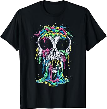 Melting Skull Halloween Colorful Paint Drip Graphic T-Shirt