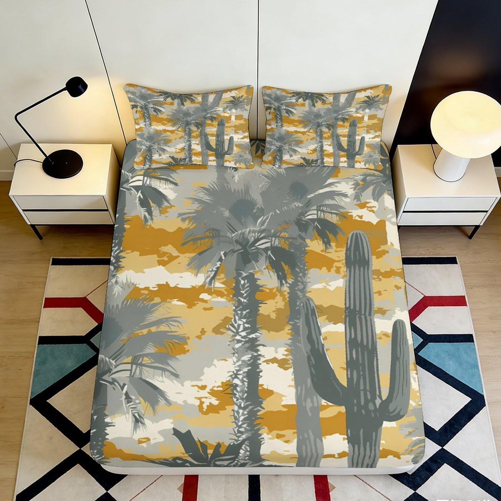 3D Printed Desert Palm Trees Fitted Sheet Microfiber Soft Breathable Cactus Bed Cover for Bedroom Dormitory Guest Room Mattress Protection 90x200x25cm