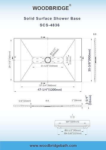 Miniatura 5 de WOODBRIDGE Base de ducha de drenaje de extremo de umbral cero de 48 pulgadas de largo x 36 pulgadas de ancho con colocación de drenaje central,