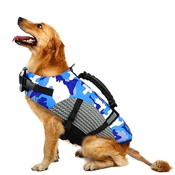 MIGOHI Dog Life Jacket Ripstop Pet Floatation Safety Vest Adjustable Swimsuit Reflective Preserver with Rescue Handle for Swimming and Boating Small, Medium, Large Dogs, Blue, L