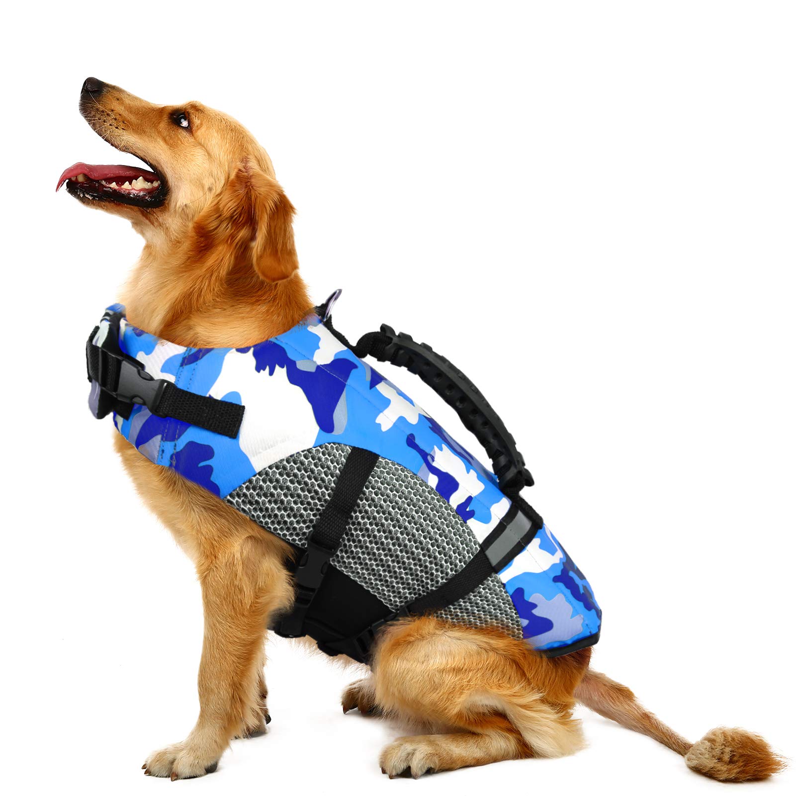 MIGOHIDog Life Jacket Ripstop Pet Floatation Safety Vest Adjustable Swimsuit Reflective Preserver with Rescue Handle for Swimming and Boating Small, Medium, Large Dogs, Blue, M