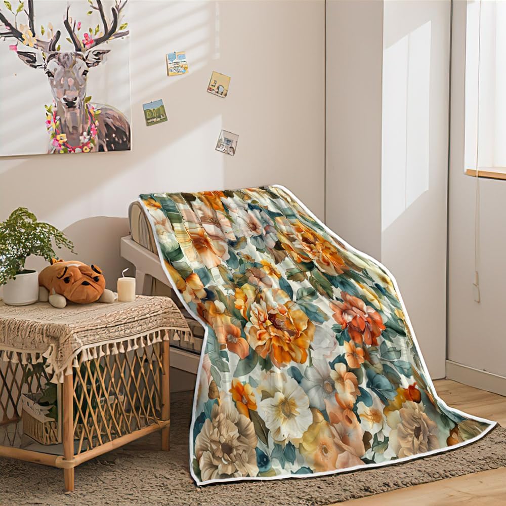 Floral Throw Blanket | Soft, Warm, Orange Flower Plants Fleece Throw Blanket, Boho Floral Bed Blankets for Sofa Couch Bedroom Living Room 50x60 Inch