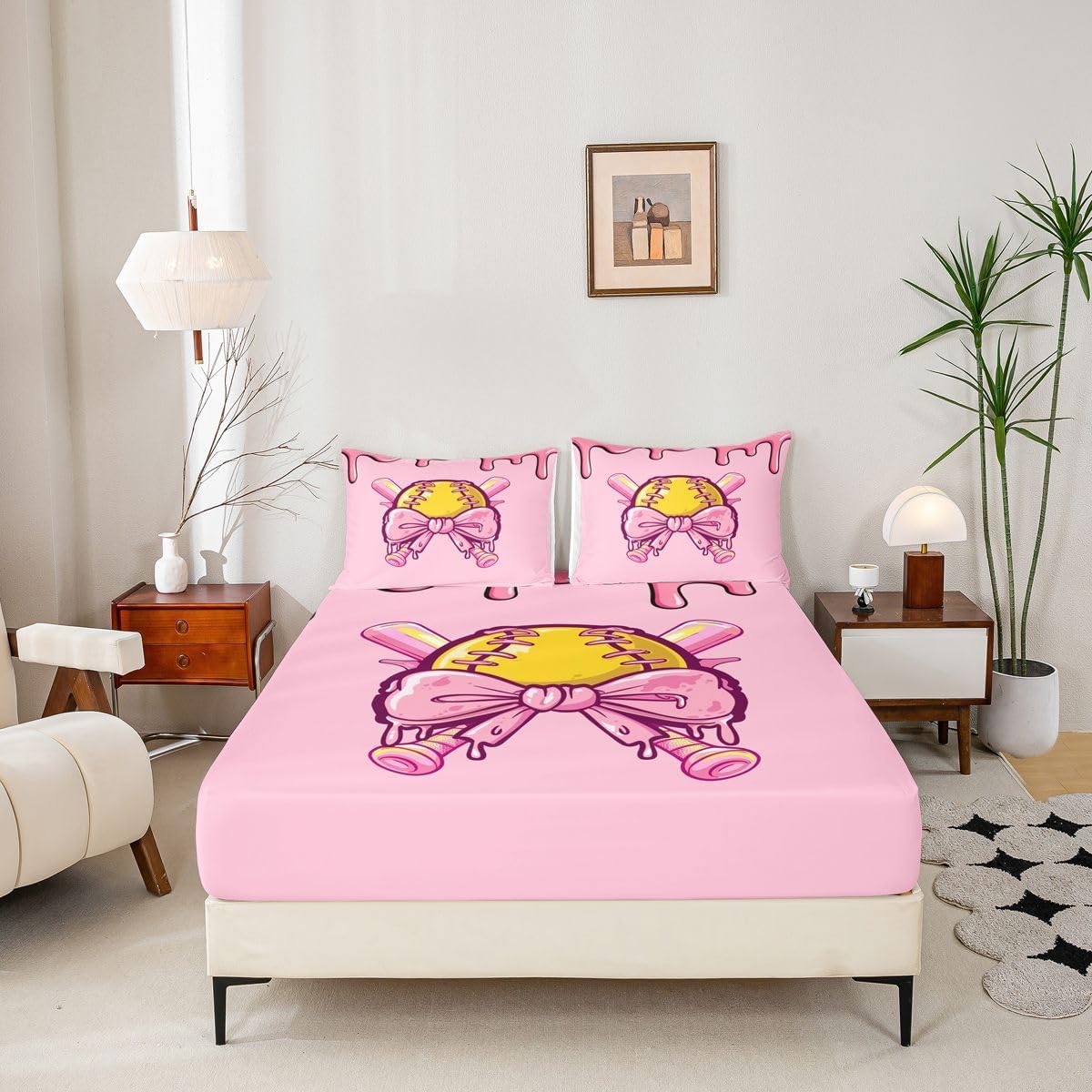 Softball Fitted Sheet Full Size,Softball Bat Sports Games Soft Fabric Deep Pocket Kids Mattress Cover,Pink Bowknot Ice Cream Bed Cover with 2 Pillowcases (No Flat Sheet)