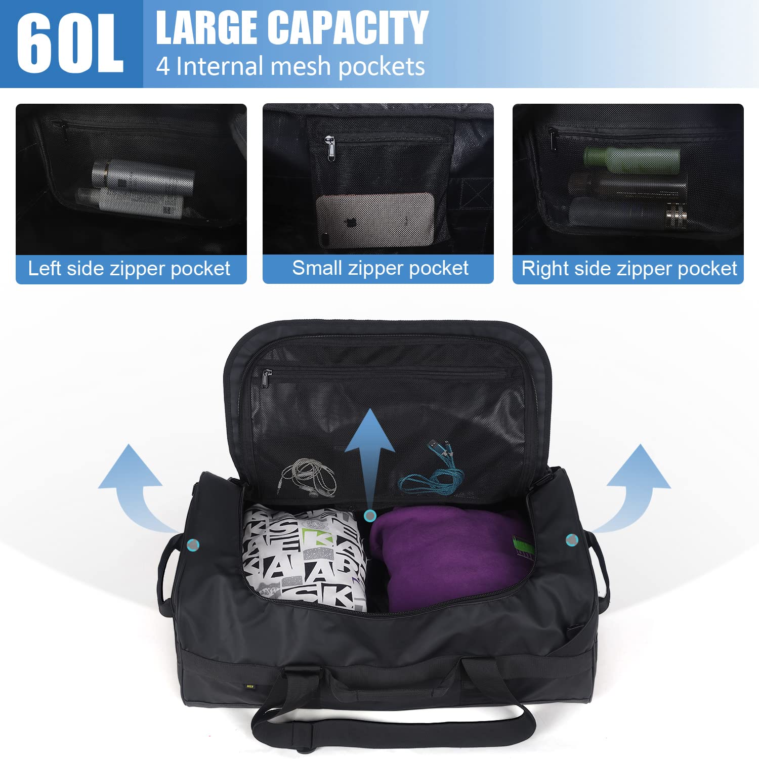 MIER Sporttasche Herren 60L wasserresistente Reisetasche Heavy Duty Convertible Sportrucksack mit Rucksackgurten und Schuhfach
