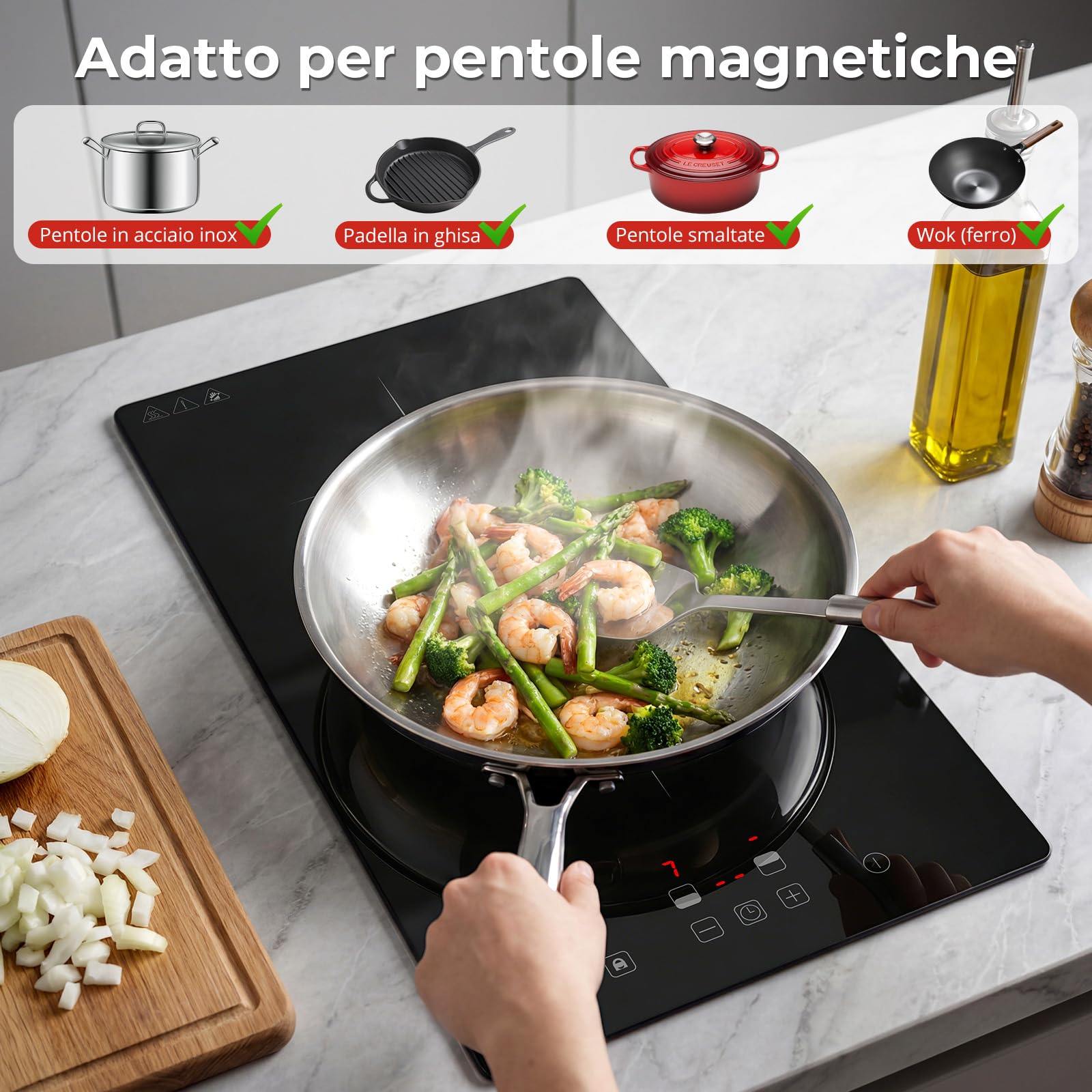 Piano Induzione 2 Fuochi da Portatile/Incasso, 3000W Piastra Induzione 2 Fuochi, Comando Touch, 9 Livelli di Potenza, Timer 99 Min, Spegnimento Automatico, Sicurezza Bambini, con Cavo di Alimentazione