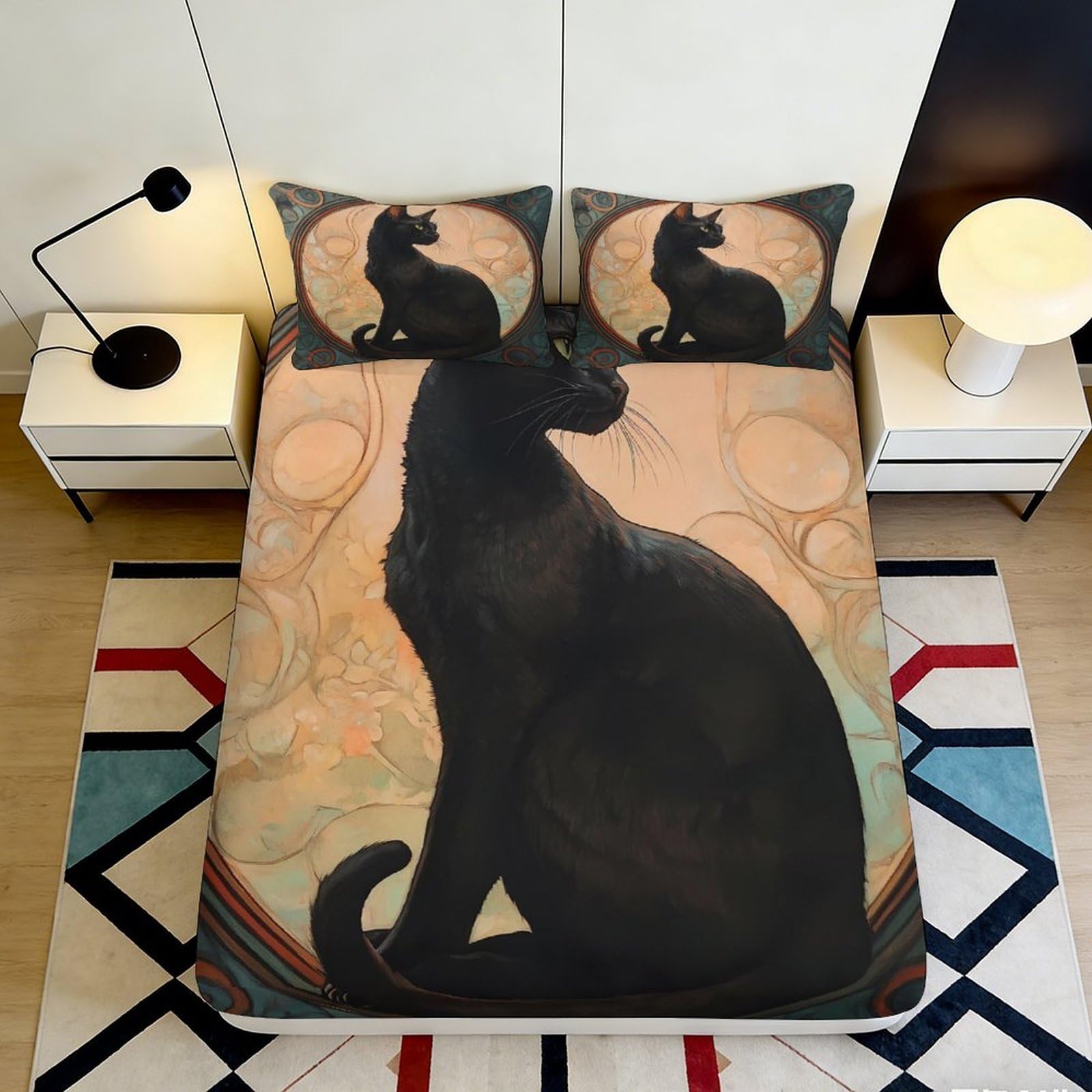 Decorative Black Cat Fitted Sheet 3D Printed, Soft Touch Microfiber, Bed Cover for Bedroom, Guest Room, Wrinkle Resistant, Apartment Bedding, Easy Care, 120x200x25cm