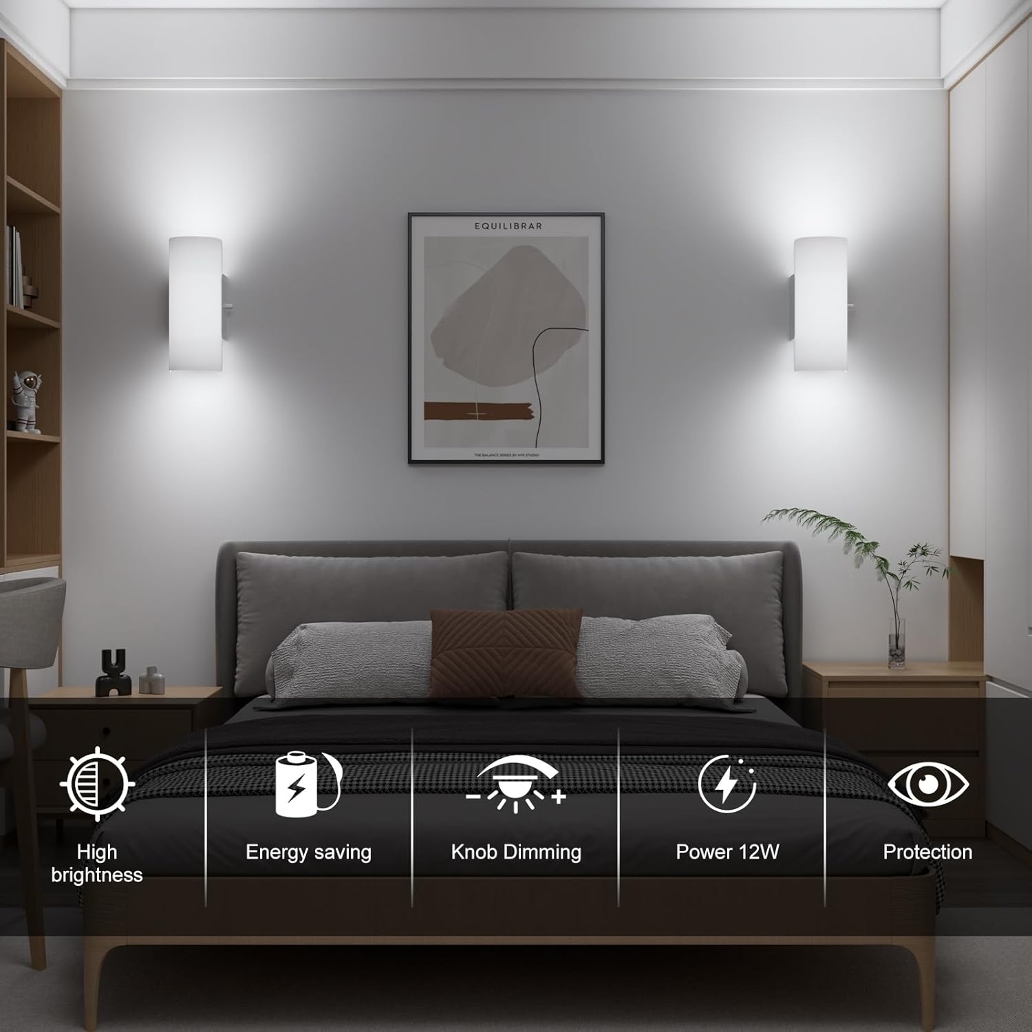 ChangM Wall Sconce Set of 2 Modern LED Wall Light Lamps Dimmable by Rotate Button 12W Cool White 6000K Up and Down Acrylic Lighting Fixture for Living Room Bedroom Hallway Conservatory Room Decor