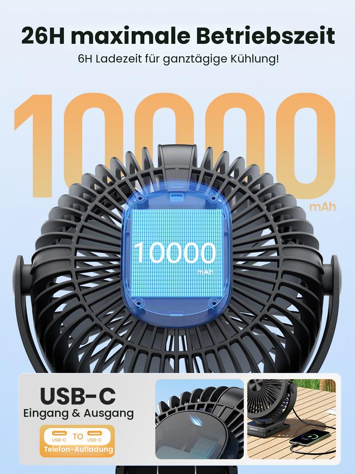 Warmco Tragbarer Tischventilator mit 10000 mAh, 720° Drehung & 3-in-1-Montage – 4 Geschwindigkeitsstufen, LED-Licht, USB-C-Schnellladung, geräuscharmes Design
