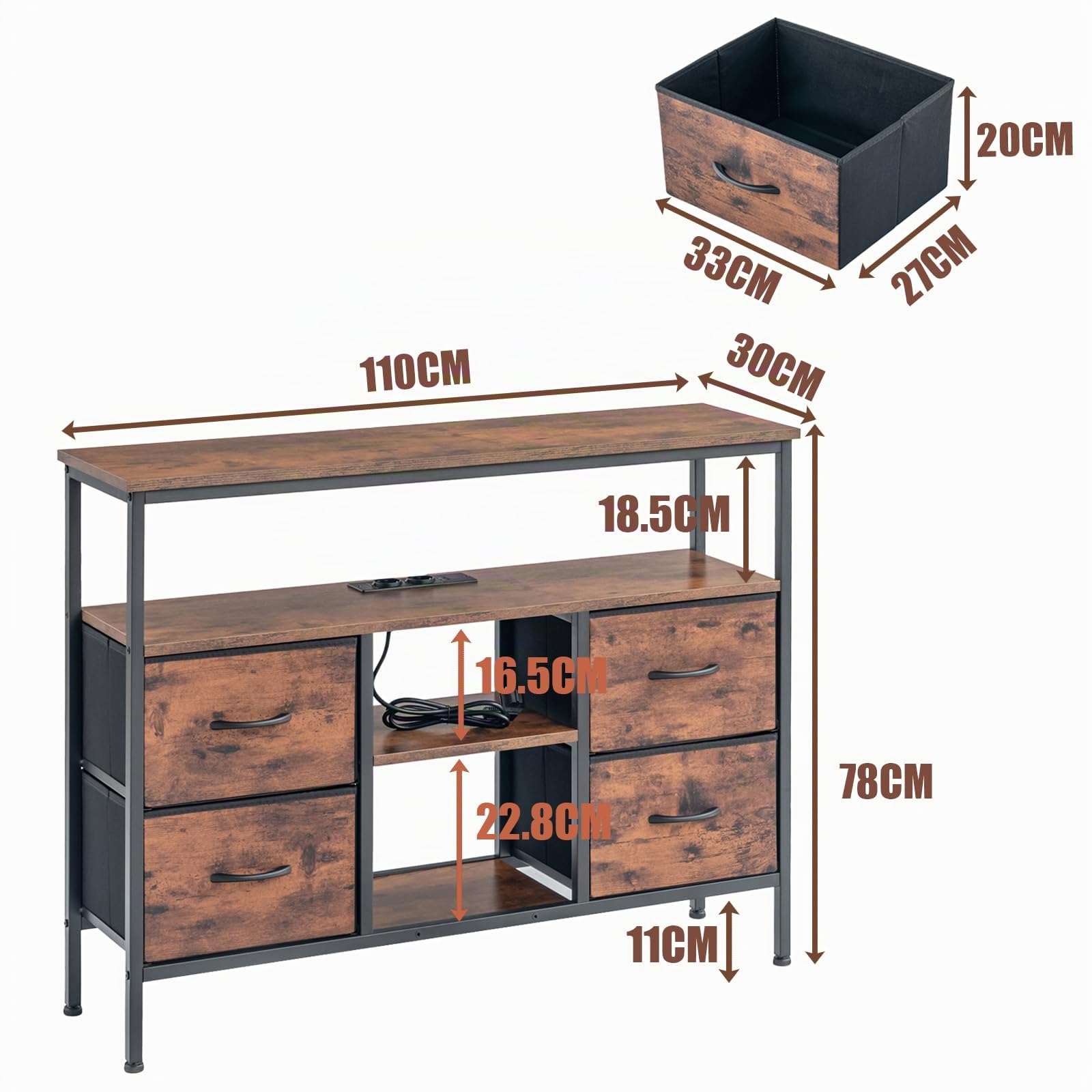 Meuble TV LED Meuble Télé Industriel Noir et Bois 110×30×78cm | PRISES ET RANGEMENT Deux prises et deux ports USB avec câble d’alimentation plus 4 tiroirs en tissu pour un usage quotidien