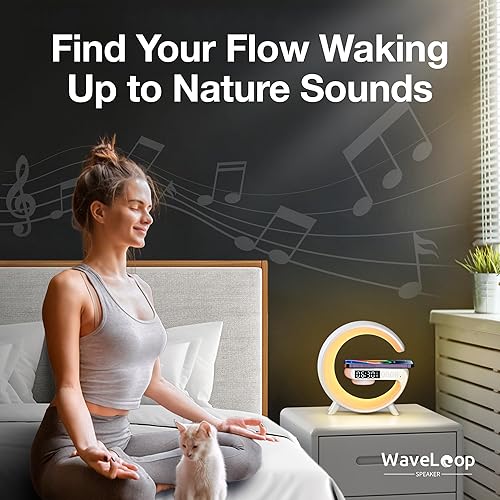 Miniatura 2 de Waveloop - Reloj despertador con altavoz para dormitorios con carga inalámbrica y altavoz Bluetooth G, lámpara de noche RGB con luz de despertador,