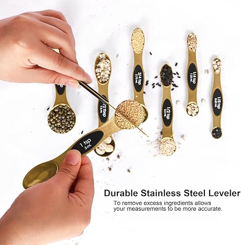 Miniatura 4 de Juego de cucharas medidoras magnéticas de acero inoxidable con nivelador de 9 piezas, tazas medidoras apilables para hornear - Juego de tazas y Oro
