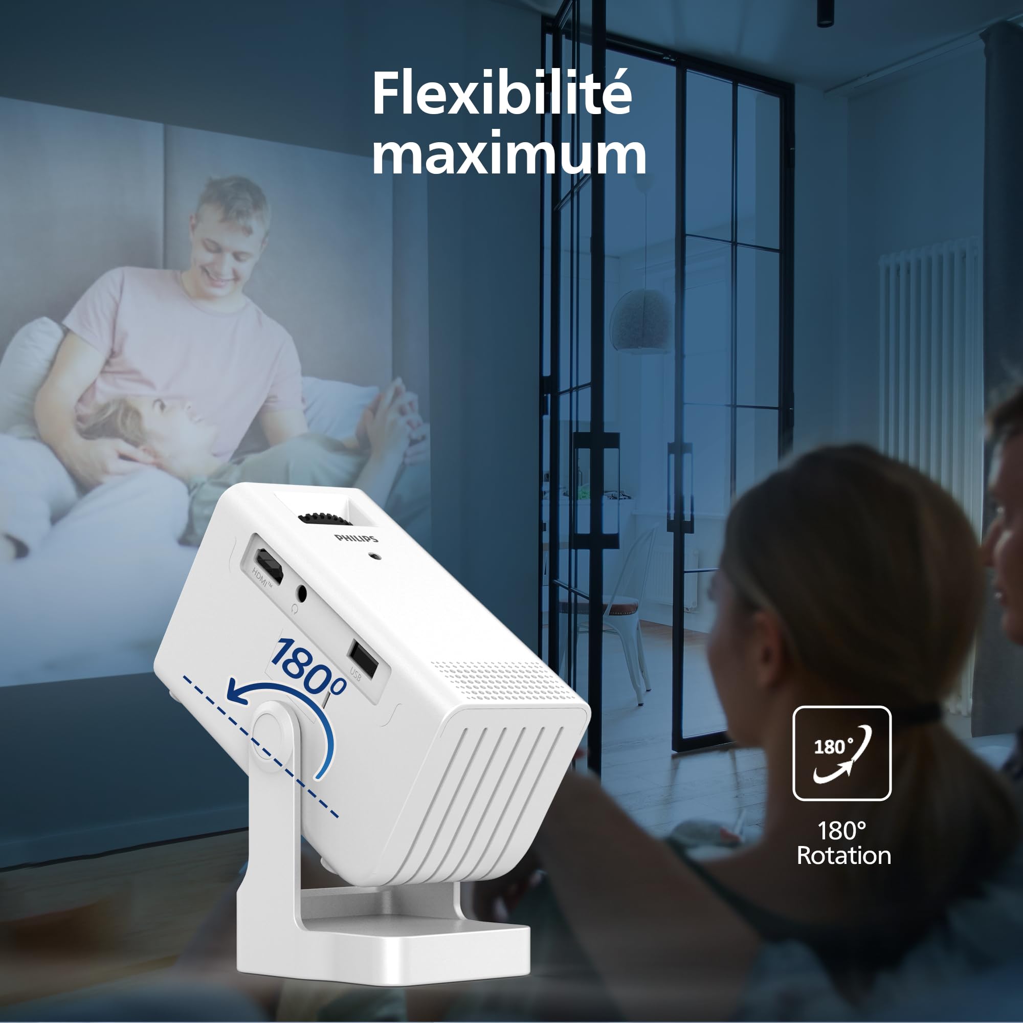 Philips, Neopix 140, Vidéoprojecteur Home cinéma, Résolution 1280x720p, Rotatif à 180 degrés, Mode Miroir, Wi-FI 6, Son Stéréo 2x3 Watts, Blanc