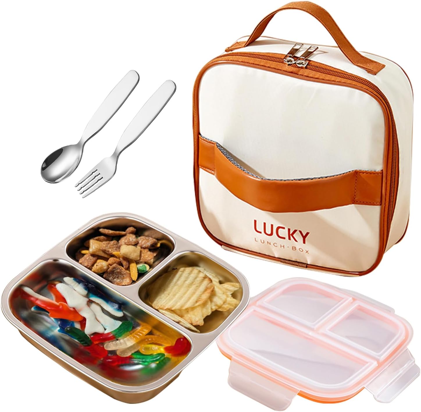 stainless steel lunch box for kids with lids & Spoon Fork & Insulated Bag, Leak-Proof 3 Compartment Food Containers, Food-Grade 304 Stainless Steel, Ideal for Home, Travel (Transparent white)
