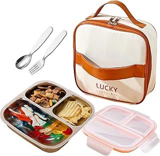 Stainless Steel Snack Container Set with Spoon Fork & Insulated Bag, Leak-Proof 3-Compartment Food Containers , Food-Grade 304 Stainless Steel, Ideal for Home, Office & Travel (Transparent white)
