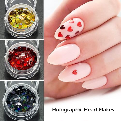 Miniatura 2 de Calcomanías de uñas con purpurina para el día de San Valentín calcomanías de uñas con lentejuelas 3D holográficas rojo negro dorado corazones