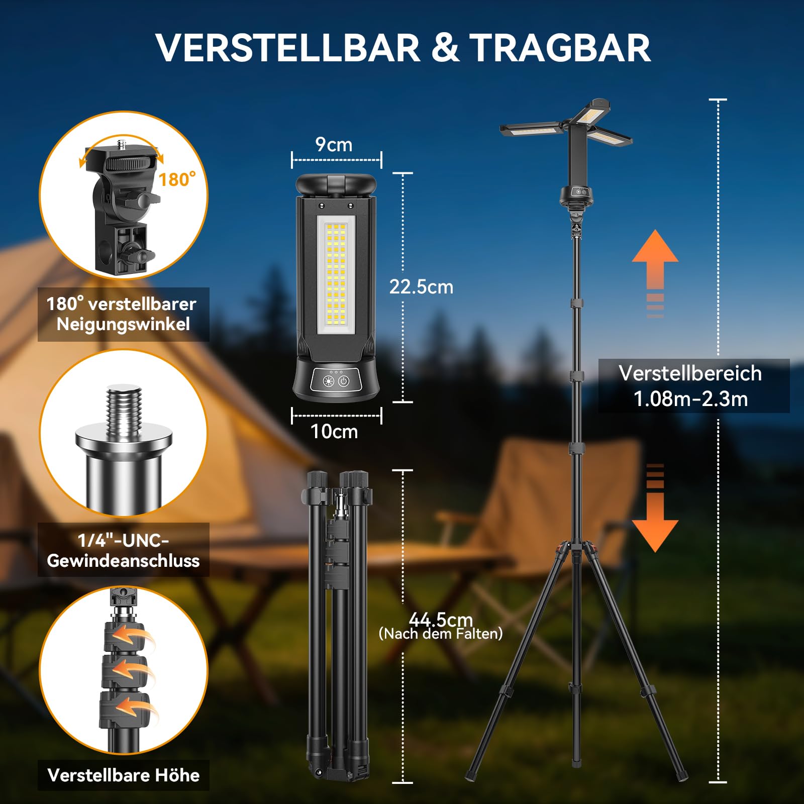 15000mAh Campinglampe Aufladbar mit Fernbedienung, 5000LM LED Baustrahler Akku Dimmbar, 5 Modi, 2,08m Teleskopstativ, LED Arbeitsleuchte Akku Strahler mit Tragetasche für Camping Baustelle Notfälle