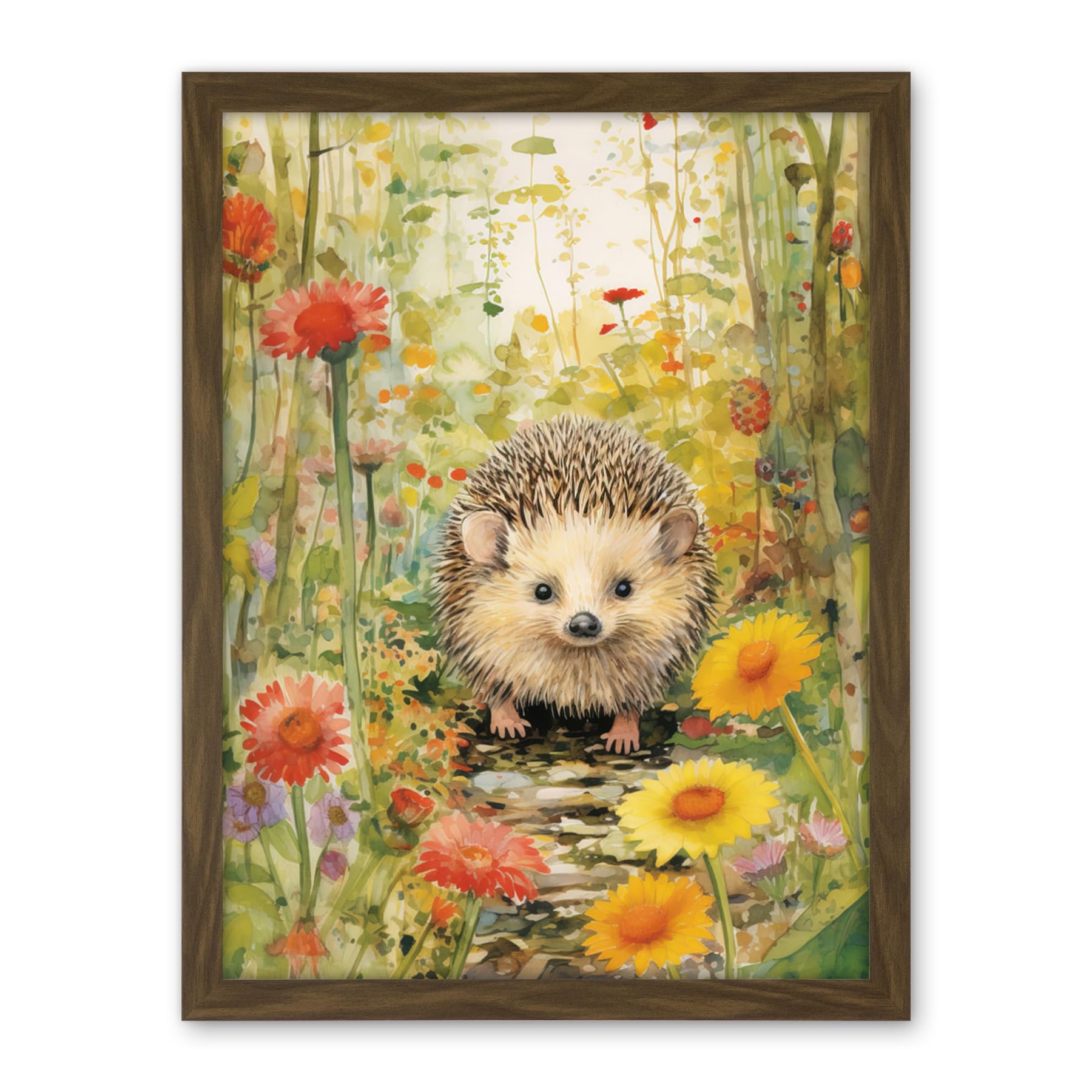 Artery8 Adorable Hedgehog in a Wildflower Meadow Watercolour Painting Kids Bedroom Cute Woodland Creature Artwork Framed Wall Art Print 18X24 Inch