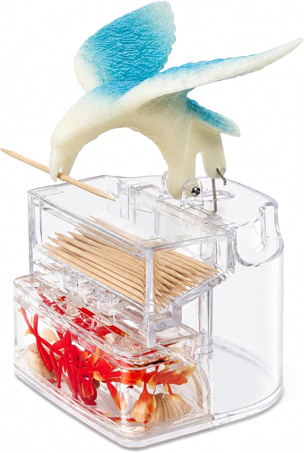 Bird Toothpick Dispenser, Cute Automatic One-Press Toothpick Holder, Clear Refillable Dispenser for Kitchen, Dining Table, Restaurant, Office Desk (Blue, Bottom Flowers Random Color)