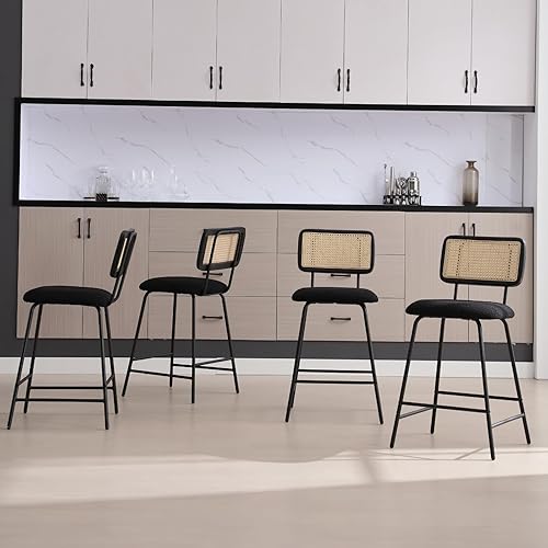 Miniatura 7 de Juego de 2 taburetes de bar de ratán de 26 pulgadas, modernos taburetes de mostrador con respaldo de bastón, sillas de bar de comedor de sherpa,