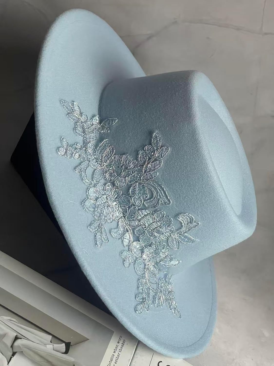 Wide Brim Blue Fedora, Handmade Felt Hat Panama Rancher Hat with Lace,