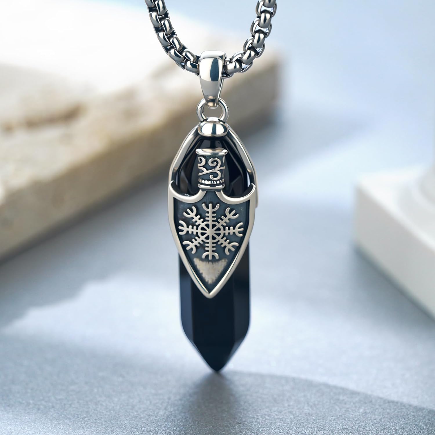 Viking Necklace for Men 925 Sterling Silver Black Obsidian Viking Necklace Norse Jewelry Gifts for Men - Image 2
