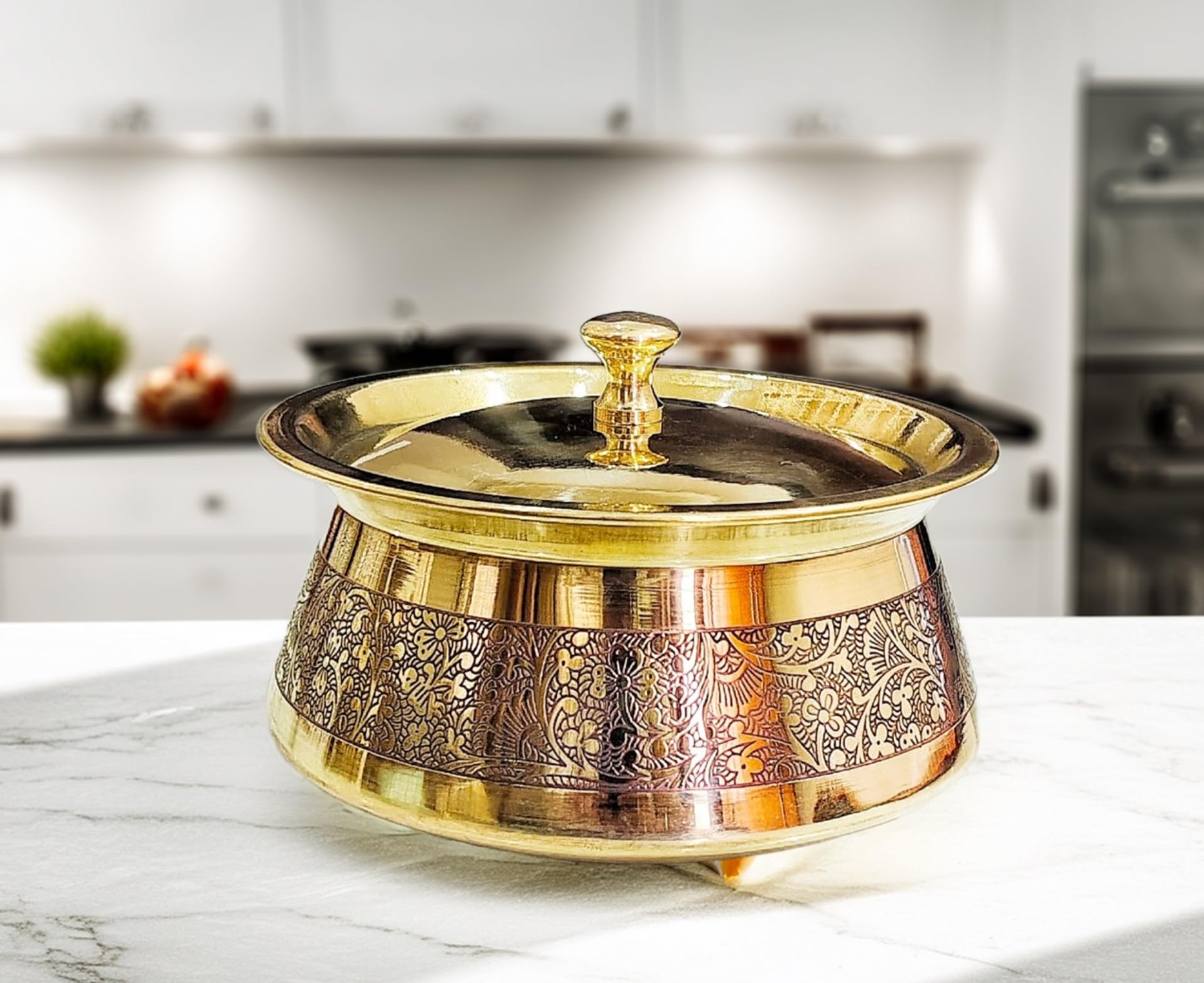 PITAL NAGRI ECRAFT Brass Kitchen Appliances Cooking Serving Pot |Biryani Handi|Urli| Embossed Design Casserole With Lid For Decoration Tableware, Home, Hotel, Restaurant Donga, ( 650 GMS Capacity 1000 Ml )