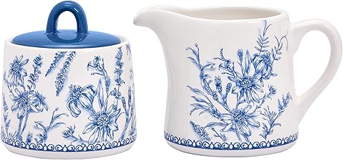 Bico Blue Garden Toile De Jouy - Juego de azucarero y cremera de cerámica, azucarero con tapa, lindo recipiente para barra de café, accesorios de