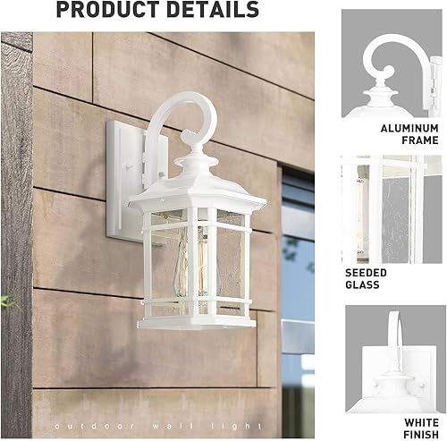 Miniatura 3 de Emliviar 2084B-WH - Lámpara de pared al aire libre de 13 pulgadas para porche en acabado blanco, pantalla de vidrio semillado, 1 luz