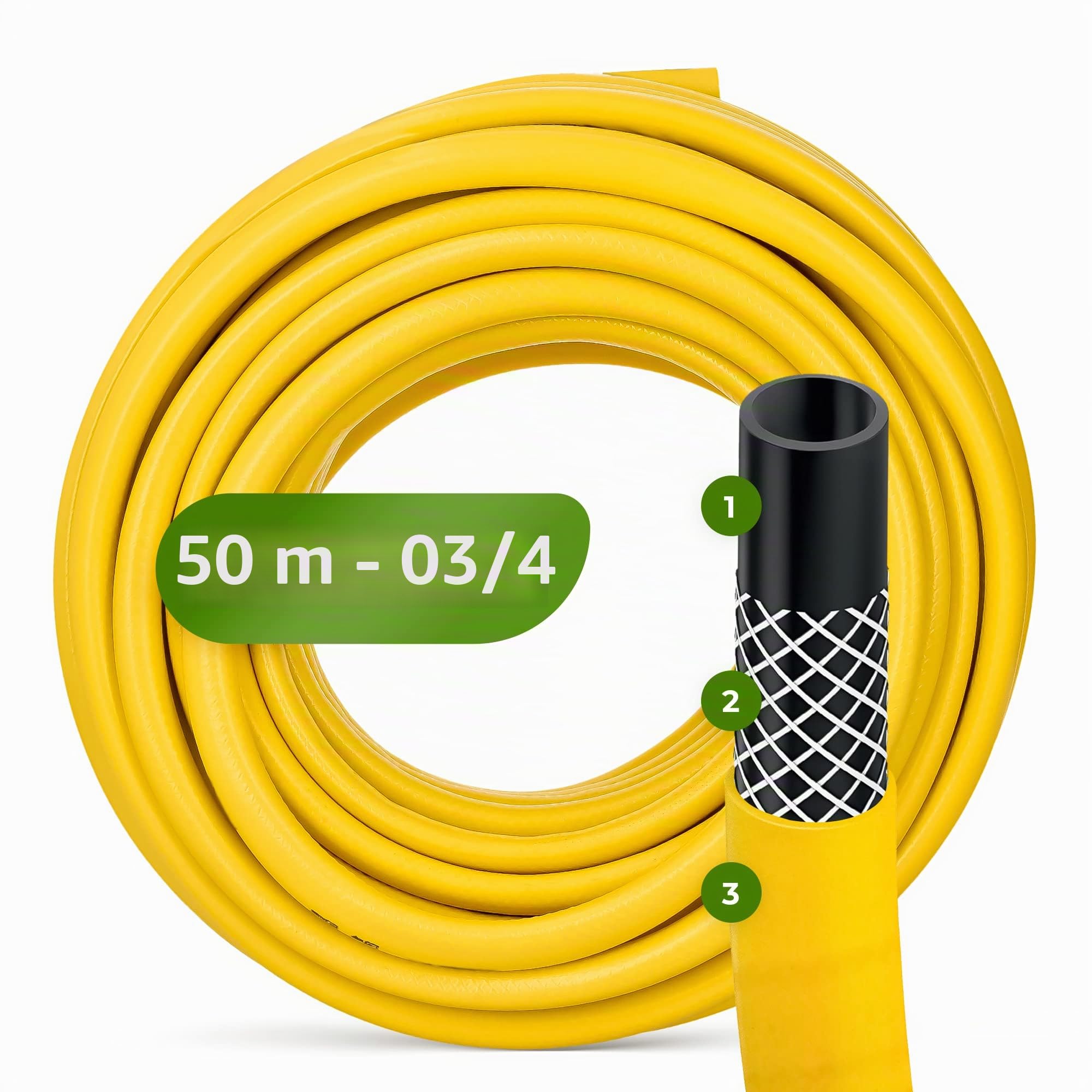 Manguera de riego, 3/4", 50 m, amarillo, reforzado, 3 capas, resistente a los rayos UV, indeformable, flexible, riego, jardinería, lavado de coches, manguera blindada