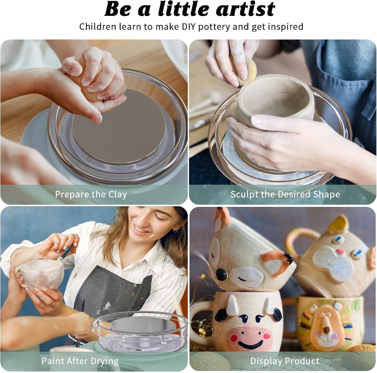 Kit ruota elettrica per ceramica con piatto girevole staccabile e accessori, macchina formatrice per argilla per bambini e principianti, ideale per artisti e hobbisti
