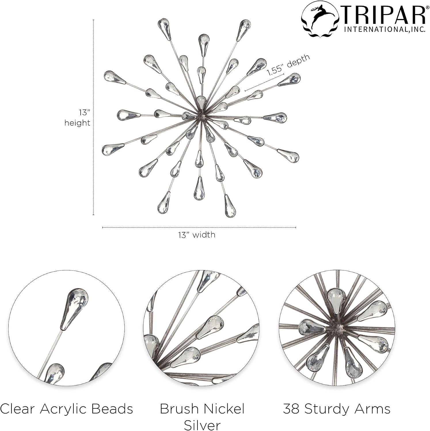 TRIPAR Medium 13" DIA Silver Starburst Metal Wall Art Home Décor