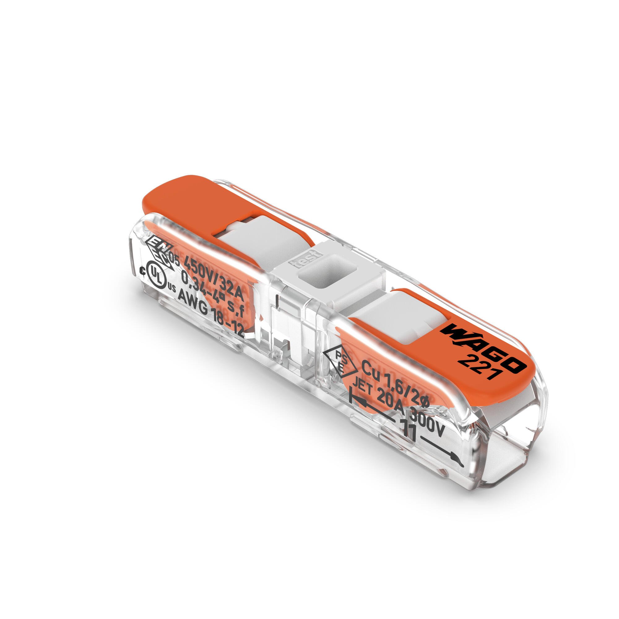 Image of 221-2401 | WAGO Lever-Nuts Inline Splicing Connector | for Solid and Stranded Conductors | 2-Conductor with Operating levers | 20-12 A.W.G. | Transparent housing | White Cover | [Box of 60 Pieces]