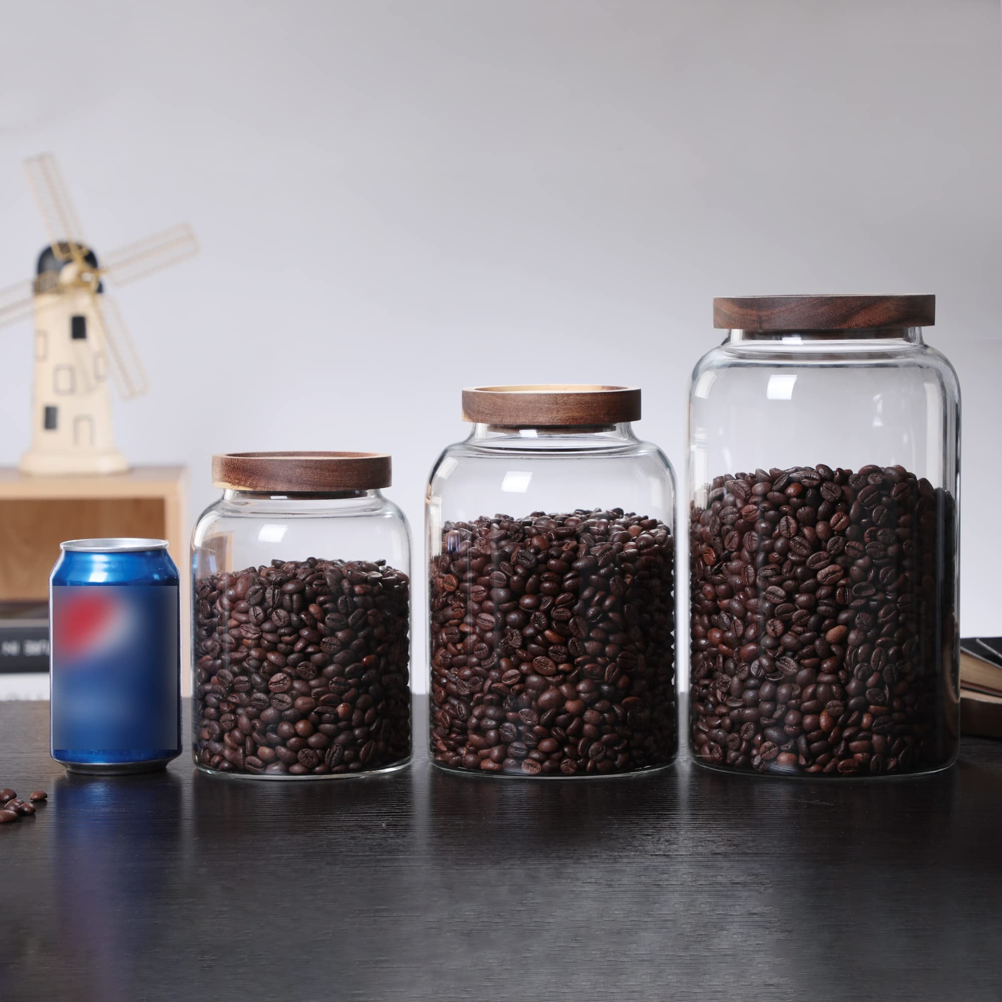 Tarro de almacenamiento de vidrio de 2000 ml con tapa de madera, apilable, cilíndrico transparente, tarro de despensa con tapa de bambú hermética para alimentos, café, harina, espaguetis,