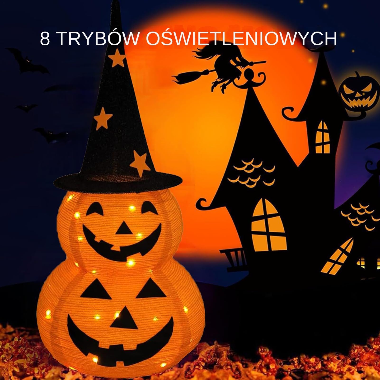 Lampka LED Dyniowa Halloween - Lampa Dyniowa Z Czarnym Cylindrem Do Sypialni | 8 Trybów O?wietlenie Dom Ogród Taras Sypialnia