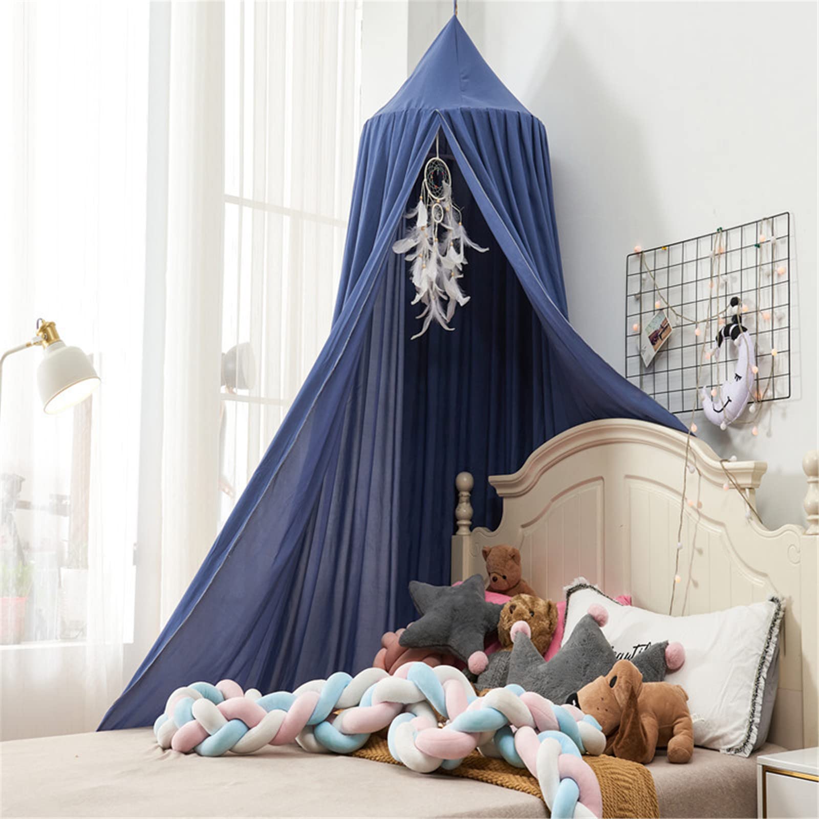 Surwin Bed Canopy for Girls Boys Kids Single Double, Solid Color Round Dome Bed Canopy Mosquito Net Protection Canopy Play Tent Bedroom Nursery Decoration Hanging Curtain Net (Dark Blue)