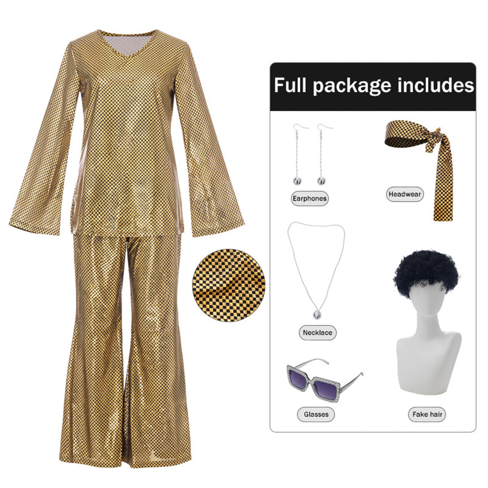 Disco Kostüm Damen 60er 70er Jahre Outfit Disco Outfit mit Perücke Halskette Armband Ohrringe Stirnband Pailletten Outfits für Halloween Faschingskostüme Themenparty