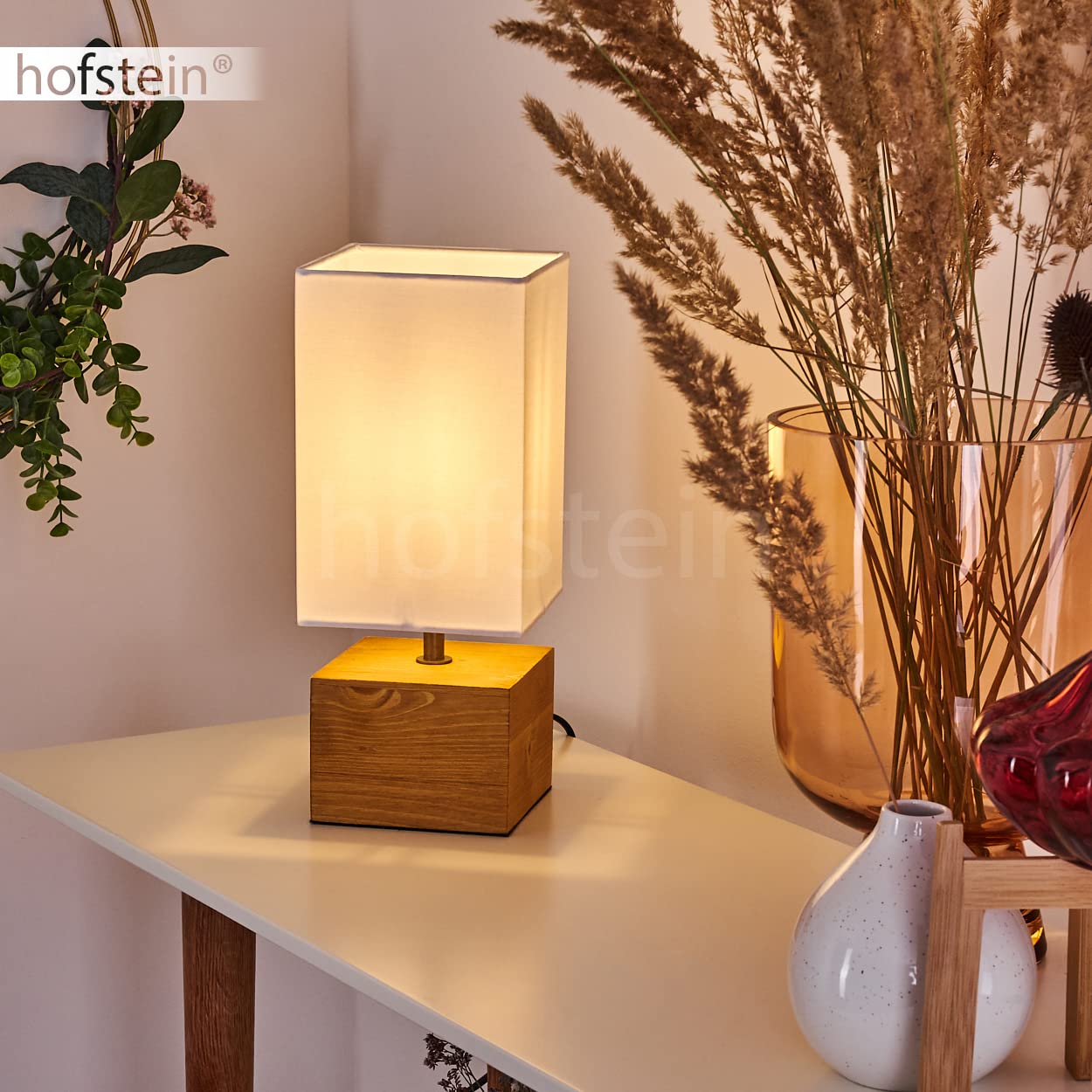 Lampada da tavolo Ginevra, lampada da comodino in legno/tessuto in bianco/natura, 1 luce, design scandinavo, 1 x E27, lunghezza 12,5 cm, lampada con interruttore on/off sul cavo, senza lampadina/e