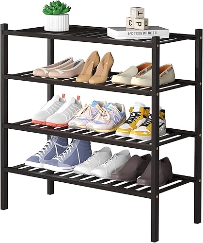 Miniatura 19 de Estante de zapatos de bambú de 2 niveles, organizador de almacenamiento independiente para armario y entrada, apilable, 35"x11"x13" (negro)