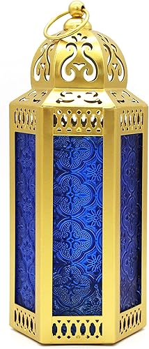 CVHOMEDECO. Farol portavelas decorativo, farol marroquí, vintage, de metal dorado, para decoración del hogar, patio, exterior, cristal cobalto,