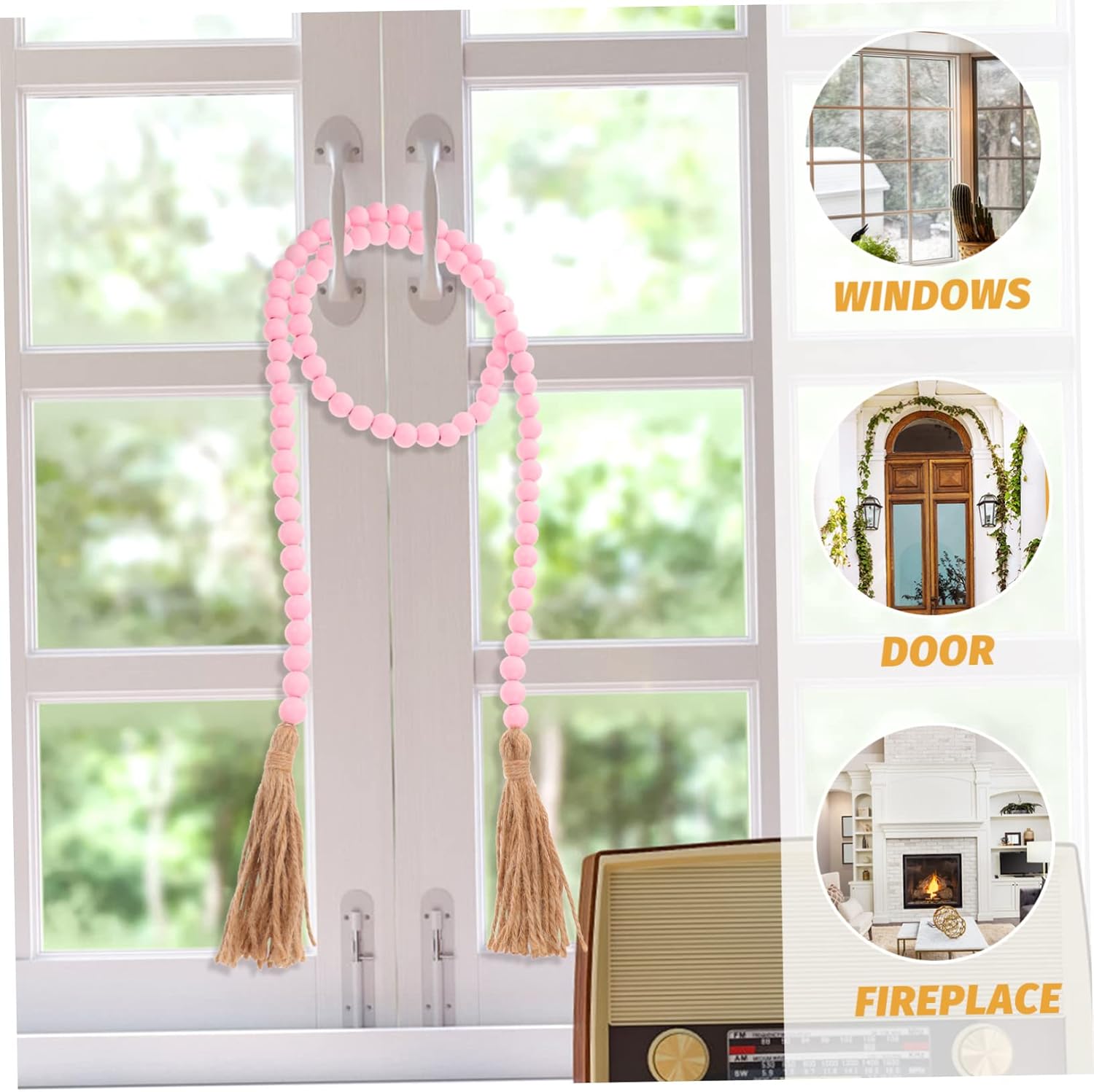 2pcs Wooden Bead String Home Hanging Decor Decorative Beads DIY Boho Wall Decor Rustic Pink Tassel Garland
