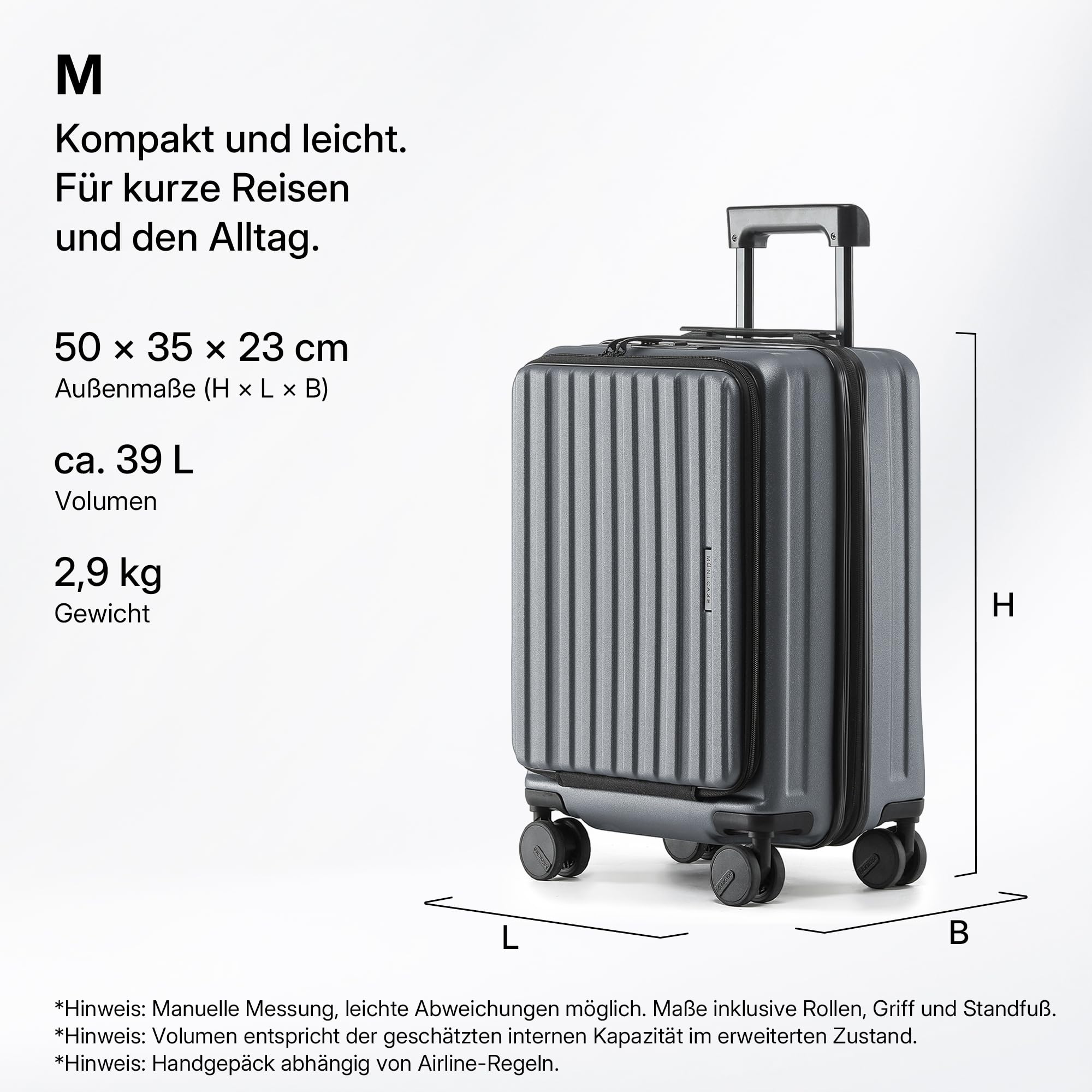 Münicase Handgepäck Koffer M 50 cm mit Laptopfach, Businessgrey | Oberseiten-Zugriff, Erweiterbar, Kompressionsgurt, Kratzfest, Leichtgewicht, Außenmaße 50 x 35 x 23 cm