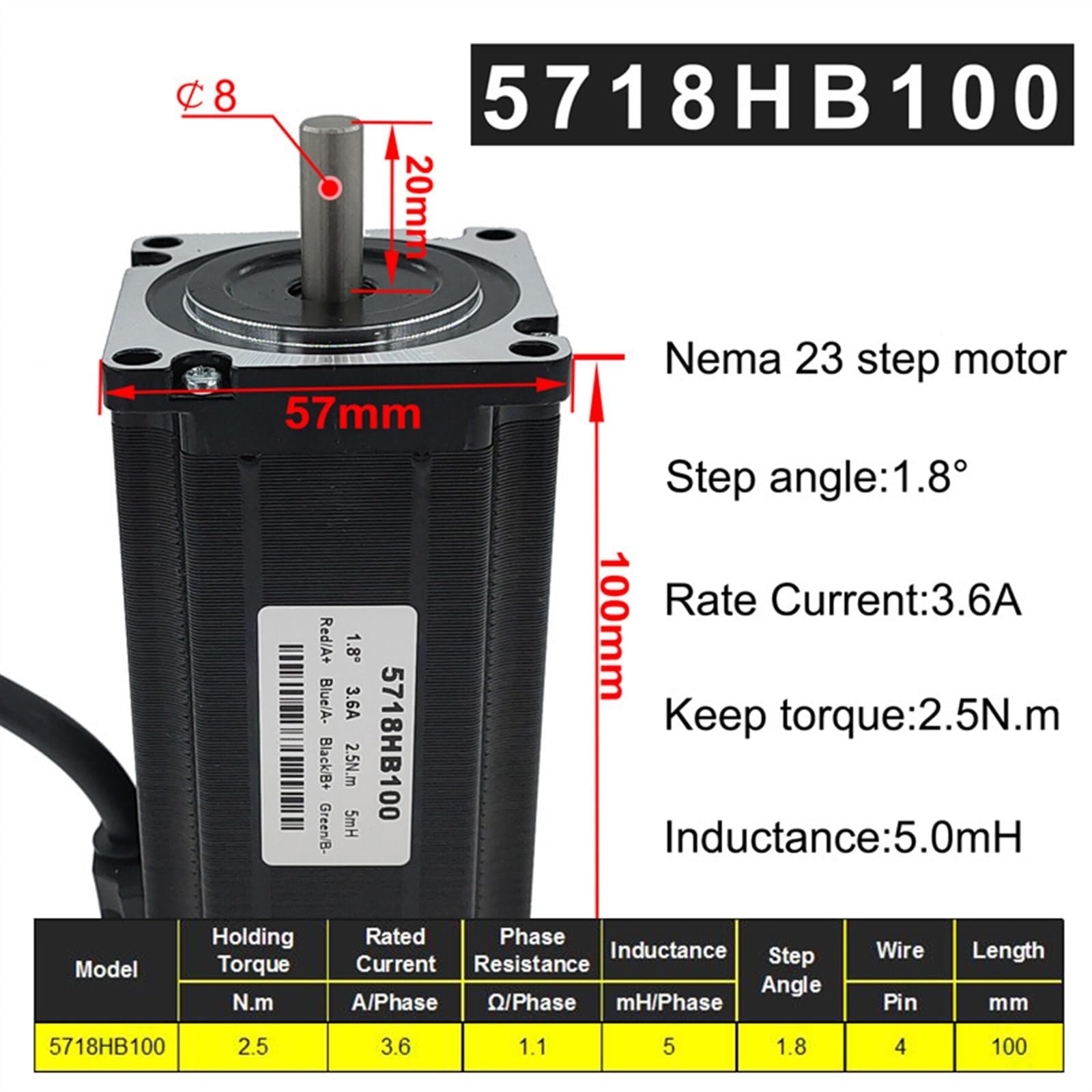 Motor Paso a Paso 57BYG, 100mm, 2 Fases, 1,8 Grados, 3,6 A, 2,5 NM, Motor híbrido Nema 23, Motor Paso a Paso