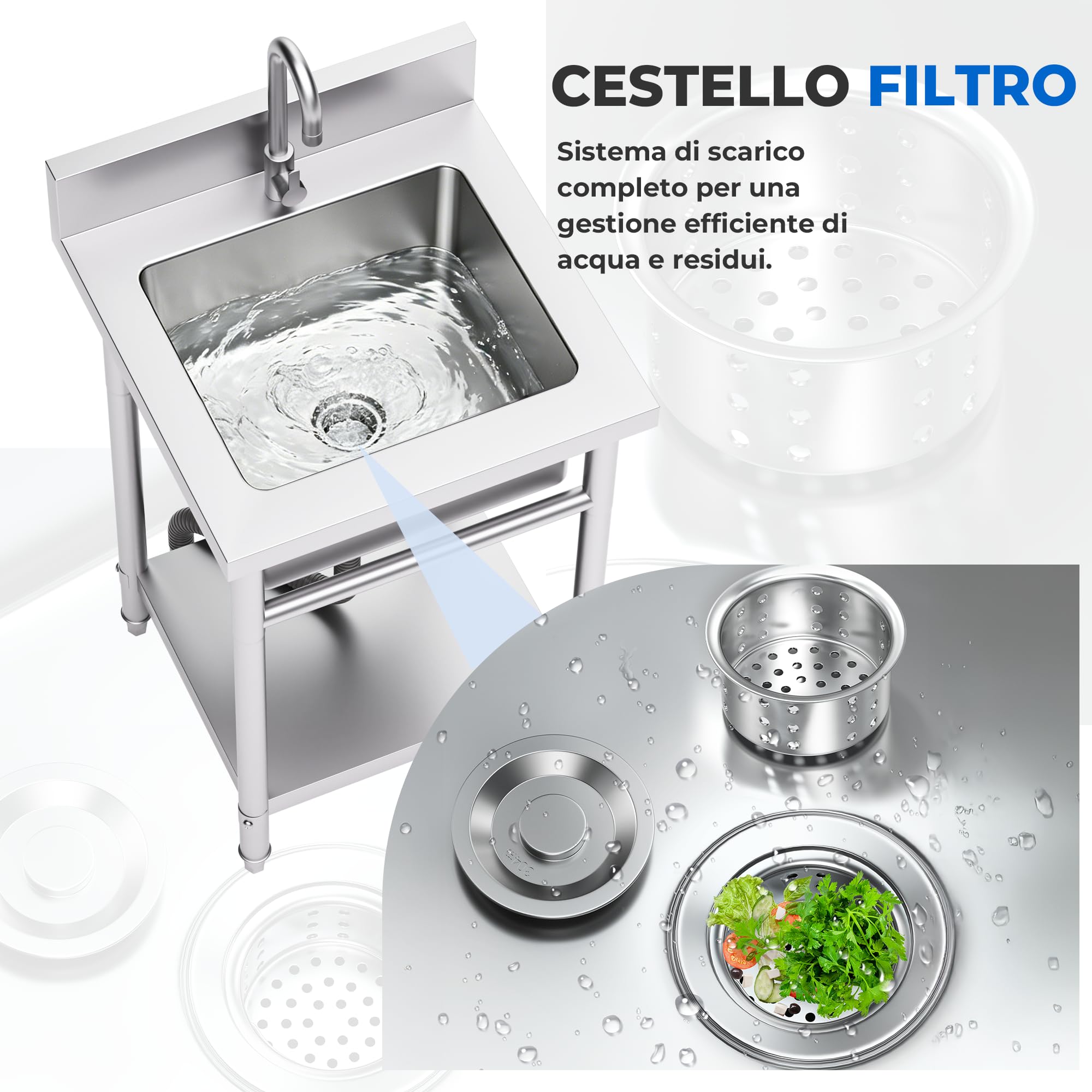 Lavandino da Esterno in Acciaio Inox 50 x 50 x 80 cm, Lavello Autoportante